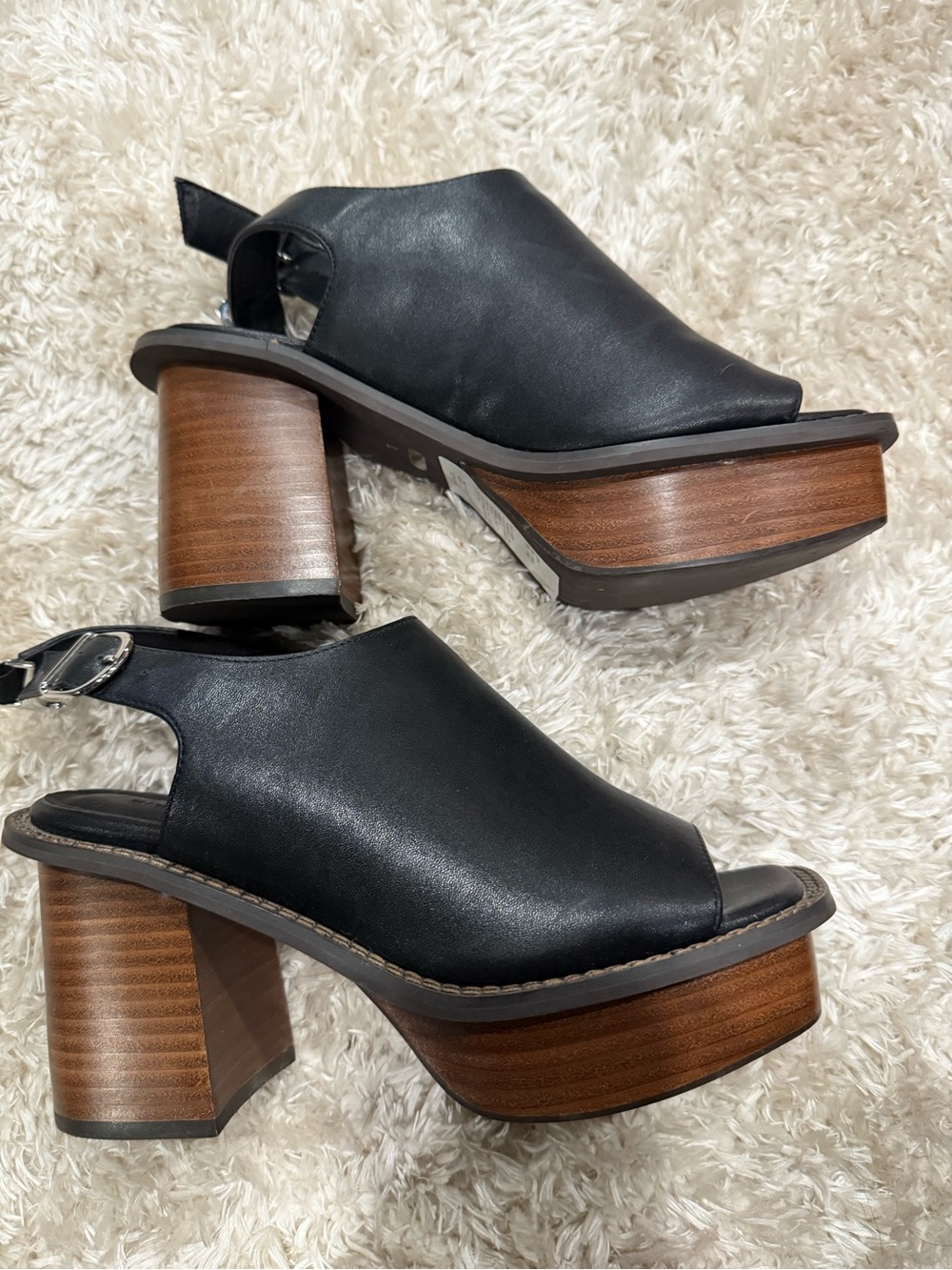 Black Leather Platform Slingback Sandals with Wood-Look Block Heel